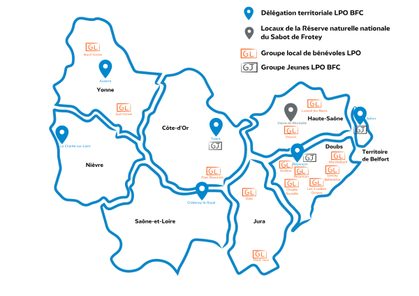 Carte des implantations de la LPO Bourgogne-Franche-Comté